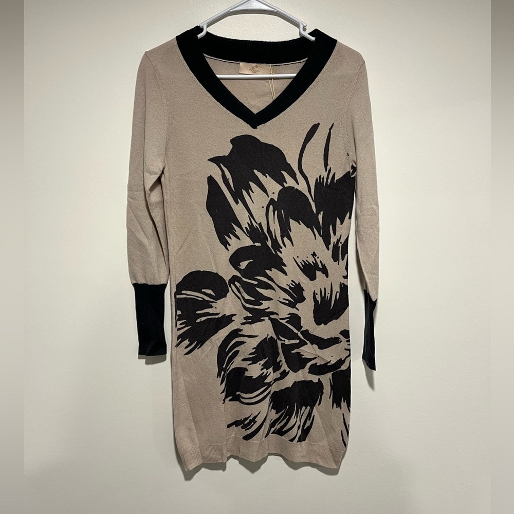 100% Cashmere Floral Print V-Neck Sweater Dress